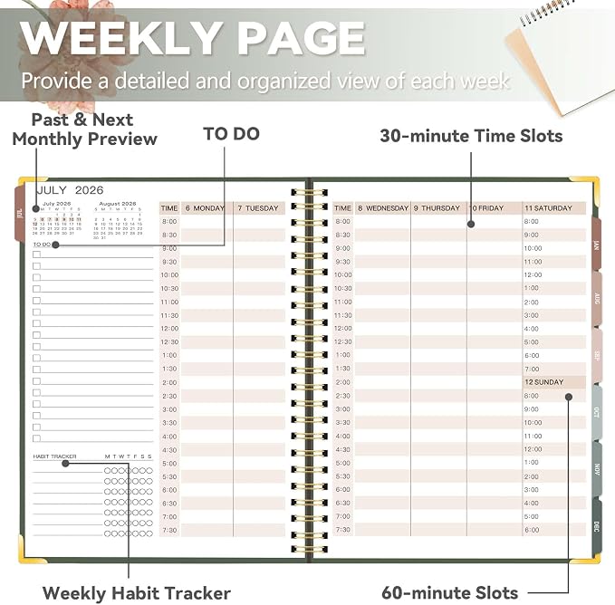 Large 2026-2027 Academic Planner, Weekly & Monthly Appointment Book from Jul. 2026 - Jun. 2027, Work & Life Daily Hourly Planner with Time Slots, A4 Agenda Organizer for School,Olive Green, 8.5" x 11"