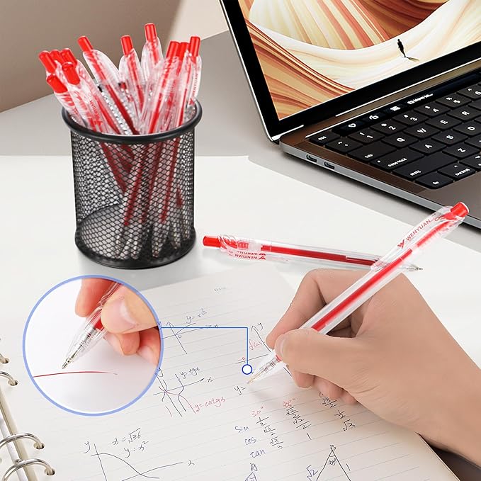 WY WENYUAN 12 Pcs Red Gel Pens, 1.0mm Bold Point Quick Drying Gel Ink Pens, Retractable Ballpoint Pens for Smooth Writing, Ideal for School, Office, Journaling, Note Taking and Correction