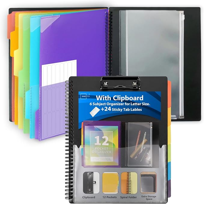 Binditek Plastic Clipboard Folio Folders, 6-Color Dividers with 1/6-Cut Tabs, 12-Pocket Project Organizer, Inner Zipper Pouch, Hardcover Storage Clipboard, Letter-Size, with Sticky Tab Lables, 1 Pack