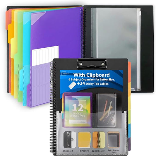 Binditek Plastic Clipboard Folio Folders, 6-Color Dividers with 1/6-Cut Tabs, 12-Pocket Project Organizer, Inner Zipper Pouch, Hardcover Storage Clipboard, Letter-Size, with Sticky Tab Lables, 1 Pack