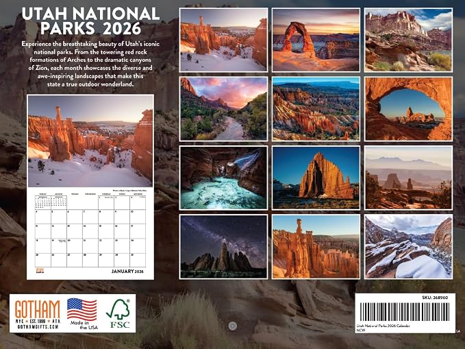 Utah National Parks Calendar 2026 Monthly Wall Calender 12 Month | American Made In The USA