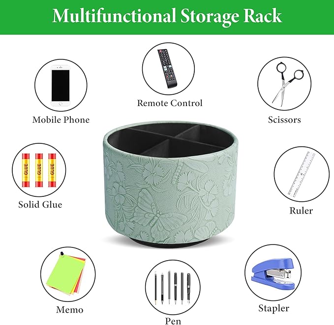 Round Leather Art Supply Organizer,Remote Control Holder,360-degree Rotating Pen Organizer with 4 Compartments(1-Butterfly Green)