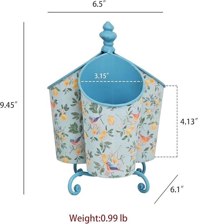 360° Rotating Metal Pen Holder for Desk, Cute Floral Bird Desktop Organizer with Dome Roof, Pencil Cup & Remote Control Holder for Home Office (Blue)
