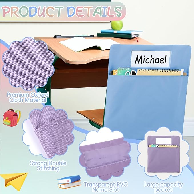 gisgfim 12 Pcs Chair Pockets for Classroom 17 x 20 Inch s with Name Tag for Classroom Chairback Pouch Bag Organizer for Student Elementary School Daycare Supply (Pastel)