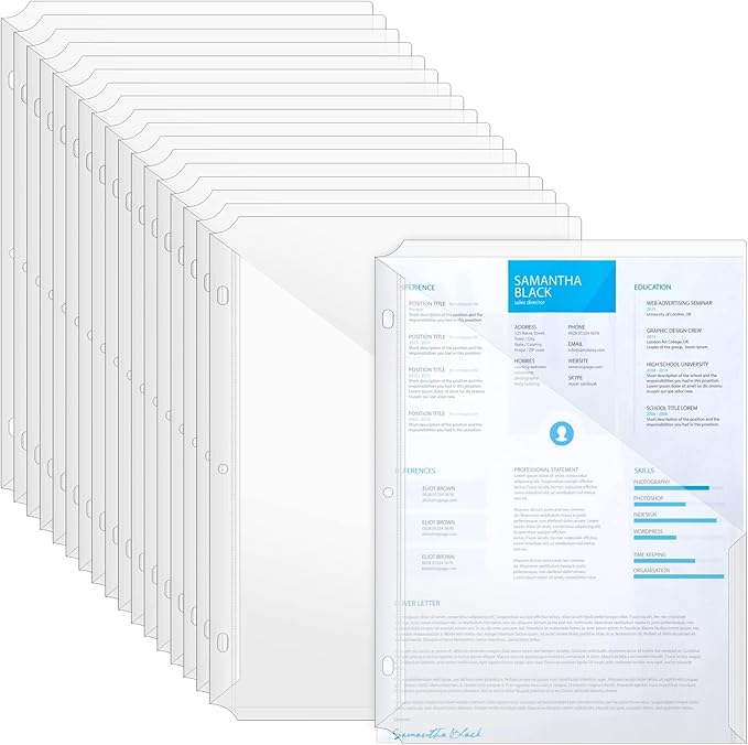 OEBSR 30Pack 3 Hole Punch Clear Plastic Document Folders,Organized Up Poly Translucent Slash Slash File Jacket US Letter/ A4 Size 18C(1.8mm),L-Tape Transparent Document Folders Copy Safe Pockets