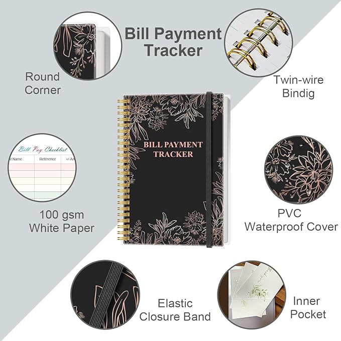Bill Payment Checklist - Monthly Bill Organizer & Planner for Personal Budgeting Financial, Bill Payment Tracker Notebook, 5.8" x 8.5", Black Flowers