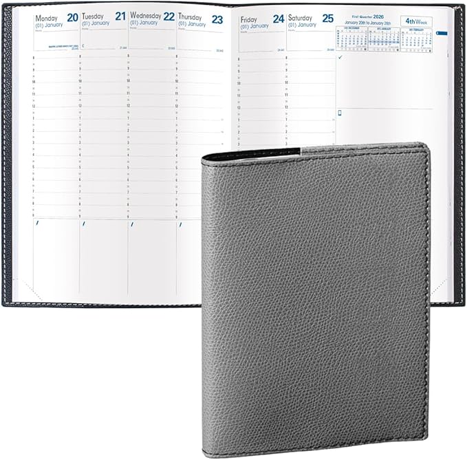 Quo Vadis 2026 Trinote - Weekly Planner - 13 Months, Dec. to Dec. - 7 x 9 3/8" - Grained Faux Leather Club Grey Cover - Productivity Appointment Planner