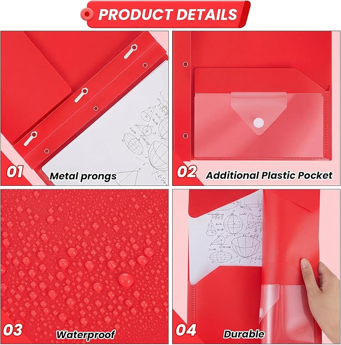 Kosiz 24 Pcs 2 Pocket Folders with Prongs, Paper Folders with 2 Pockets and 3 Prongs Fit Letter Size Paper, Back to School File Document Organizer for School Office Home Supplies (Red)
