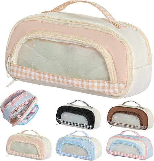 Cute Kawaii Pencil Case Pouch Sweet Check Window Pen Box Holder Organizer for Office Workspace Supplies Desk Accessories Travel Essentials Aesthetic Trendy Cool Stuff Gift Handy Handle (Beige)