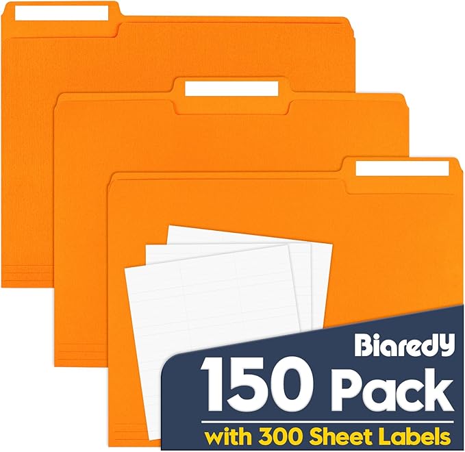 File Folders,Colored File Folders Letter Size,8.5" x 11",150 Pack 1/3 Cut Tab Bulk Folders,Durable Paper Folders with Blank Labels for Office Business School Home Use,Pumpkin Orange