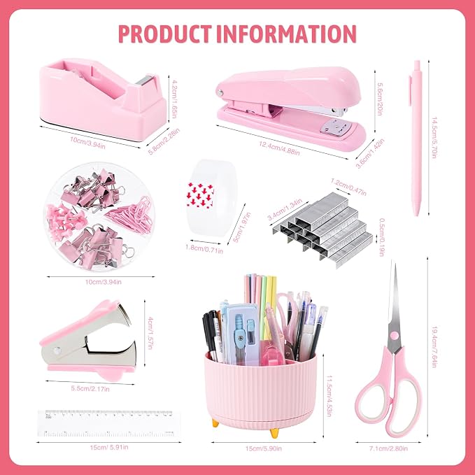 Gawsey Pink Desk Organizers and Accessories with Desk Organizer 360° Rotating Pen Holder and Office Supplies, Cute Stationery Supplies Set