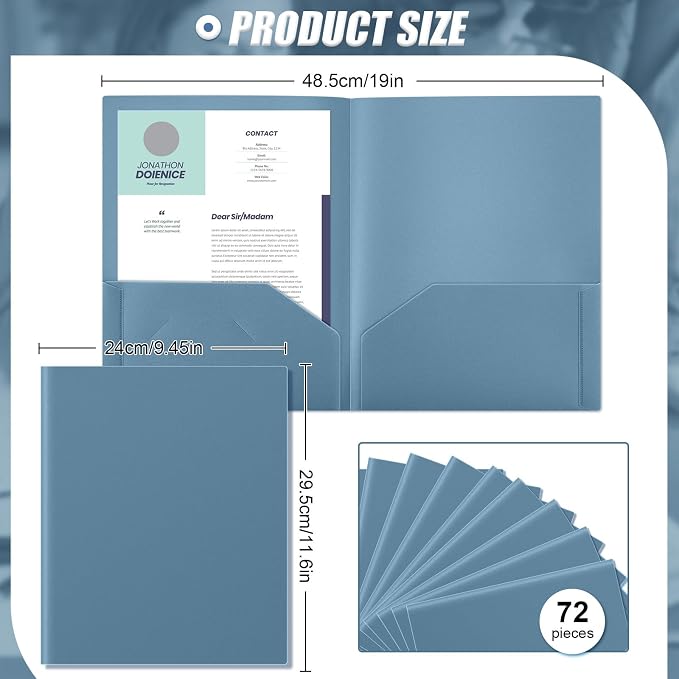 Gueevin 72 Pack Plastic Folder with Pockets, 2 Pocket Folders, Plastic Glossy Folders Fit Letter Size Paper, Heavy Duty Durable File Folder with Business Card for Home Office School (Blue Grey)