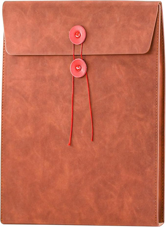 VANRA Vertical PU Leather Envelope File Folders Expanding Document Holder Organizer Pocket Folder Portfolio for A4 Letter Size Paper with String Tie Closure (Brown)