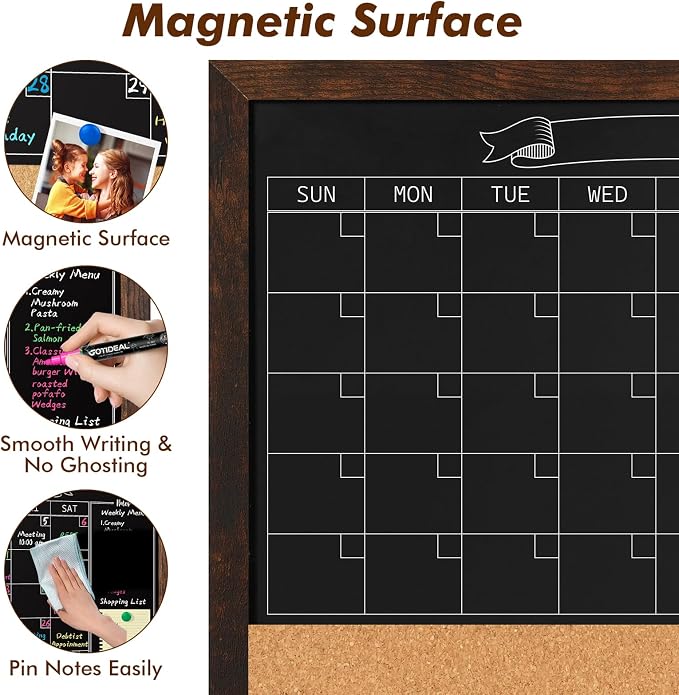 Gotideal Chalkboard Calendar 24" x 18" Chalk Board Calendar for Wall Magnetic Chalkboard Framed,Wall Mounted,Blackboard for Office,Kitchen,School,Home
