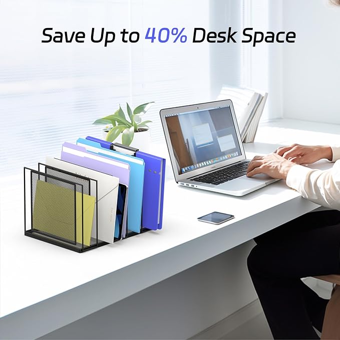 Desk File Organizer, 5 Section Vertical Metal File Organizer for Desk, Desktop File Organizer Stand, Paper Folder Organizer for Office Home Classroom Storage (Black, 5 Section)