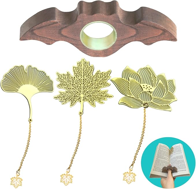 4 Pieces Bookmarks，Handmade Thumb Wooden Walnut Book Page Holder with Golden Ring，Bat Wing Design，3 Pieces Metal Bookmarks with Chain，Golden Hollow Design, Book Reading Accessories (Large)