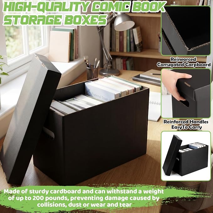 2 Pack Black Comic Boxes Comic Book Storage Box Short Cardboard for 150-175 Collectibles, Double Thickness Design Stackable Case for Silver Age and Modern Comics Books Showcase Collectibles