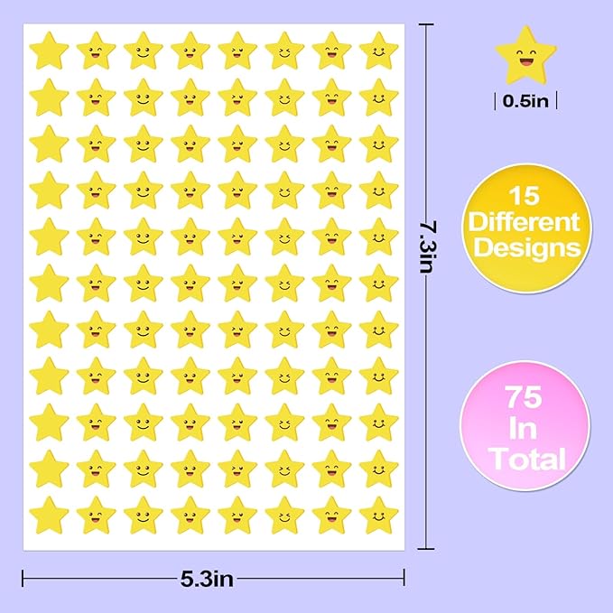 Student Reward Stickers，Teacher Essentials, Teacher Supplies，6600PCS Incentive Stickers，75 Sheets of 15 Different Incentive Stickers，Star Stickers, Star Shaped Stickers (Coloration-1)