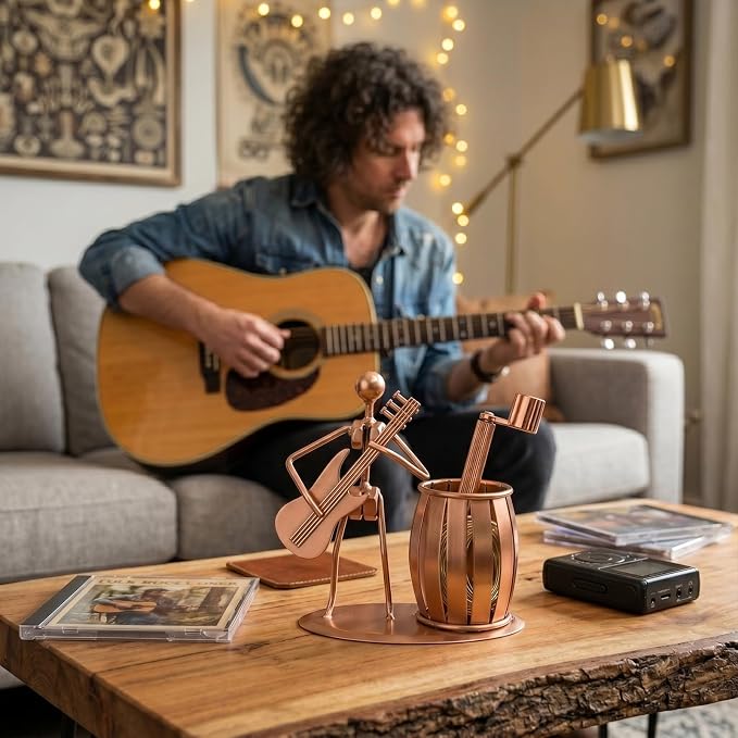MyGift Pen Holder for Desk, Decorative Pencil Cup with Guitar Design, Accessories & Decor for Men, Gunmetal Gray Metal Desk