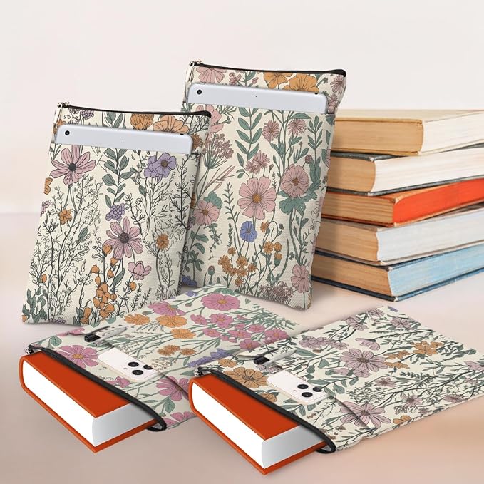 4PCS Waterproof Book Sleeve Book Pouch Protector with Zipper and Front Pocket Books Cover for Women Girl Books Lover Reader Librarian Reading Accessories Bookish Gifts, Cute Wildflower Pattern Decor