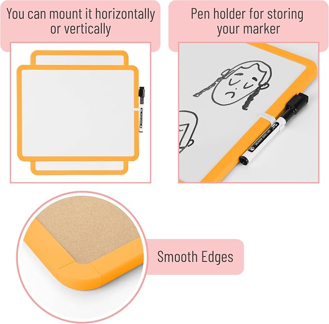 Mr. Pen- Dry Erase Board, 14” x 11” with a Black Dry Erase Marker, Orange Frame, Small Mini White Board for Students, Fridge, Wall, Locker, Includes Double Sided Tapes
