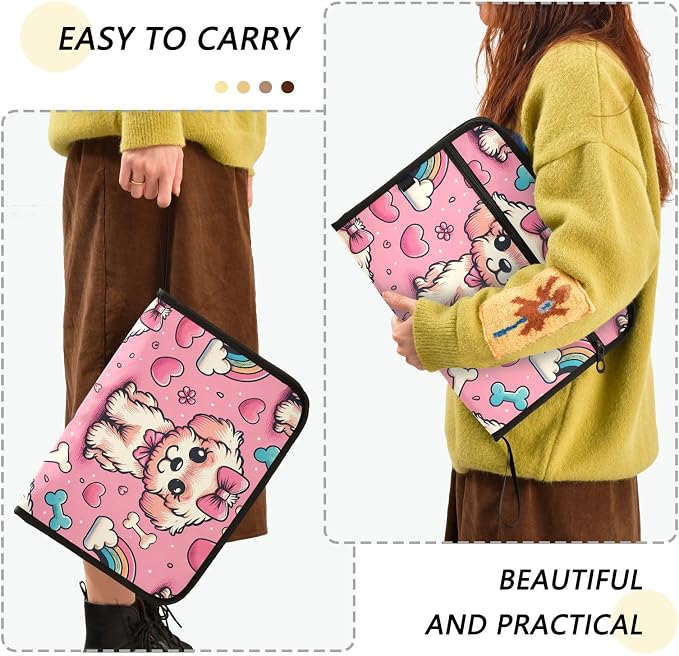 Expanding File Folder Pink Bow Dog Bone Rainbow Accordion File Organizer 13 Pockets Document Organizer with Zipper Labels A4 Letter Office Storage