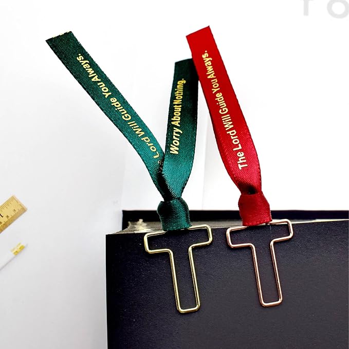 40 Pack Cross Paper Clips with Ribbons Set. 30 Rose Gold Paperclips, 10 Christian Bookmark Ribbons. Bible Study Supplies Accessories