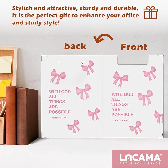 Lacama Preppy Cute Bow Bible Clipboard with Storage for Office Classroom Desk, Coquette School Supplies, with God All Things are Possible Project Folders with Metal Clip for Women, 12.4x9.25 in