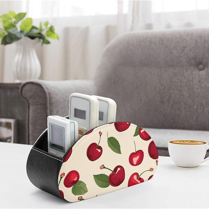 Red Cherry Pattern Remote Control Holder TV Remote Caddy with 5 Compartments PU Leather Storage Box Stylish Desk Organizer for TV/DVD/Accessories Desk Office Supplies Home