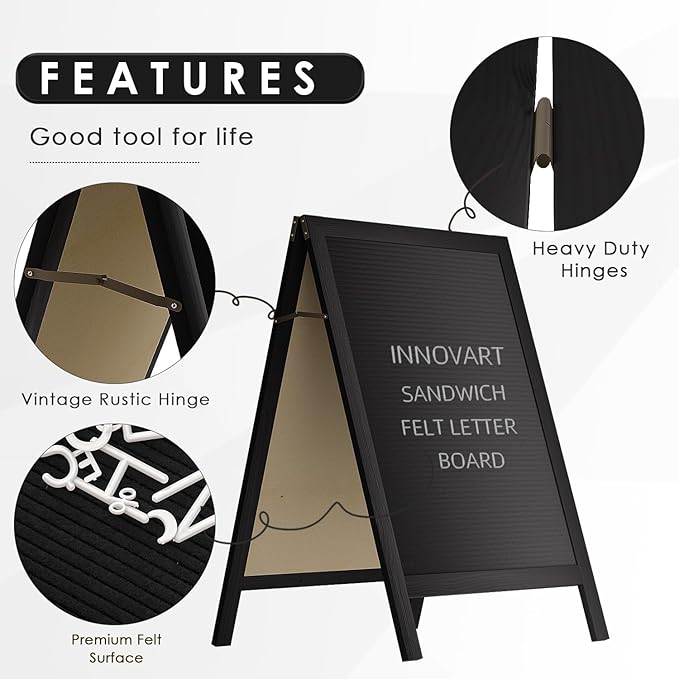 INNOVART A-Frame Sidewalk Sign 40”x26”, Sandwich Felt Letter Board w/Changeable Letters, Double-Sided Felt Letter Board, Free Standing Letter Board Easel for Restaurant, Business, Wedding, Black