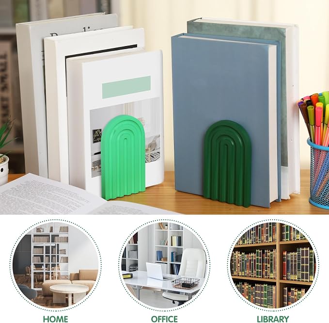 Harloon 4 Pcs Boho Arch Wooden Bookends, Decorative Rainbow Book Stoppers with Non-Slip Metal Base, 5x3x4 Inches, Cute Shelf Decor for Heavy Books, Home Office Study Desk Organizer(Green Color)