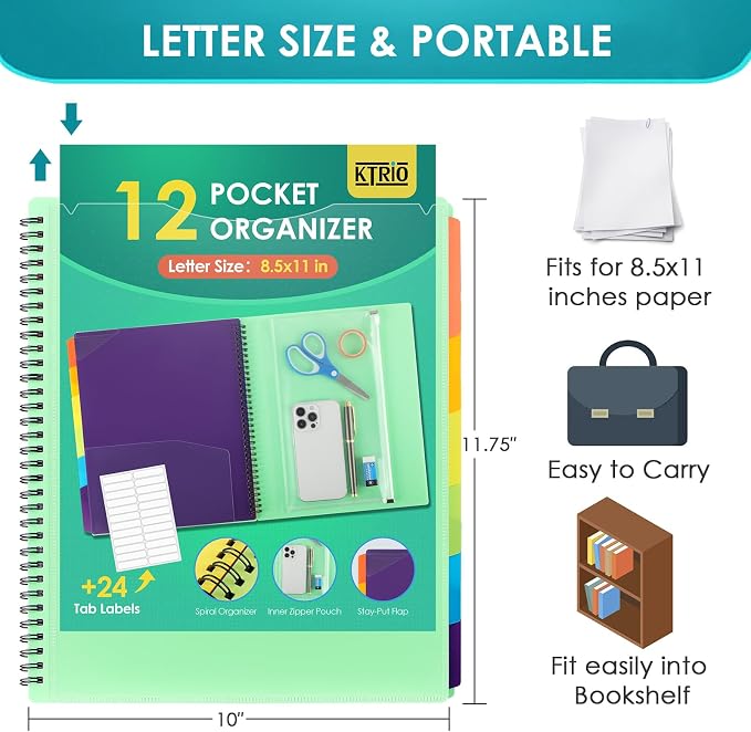 KTRIO 12 Pocket Project Organizer, Letter Size Spiral Binder,Green | 12 Pocket Storage,Letter Size Fit,Water-Resistant Poly,Zip Pouch Included,Writable Color Tabs