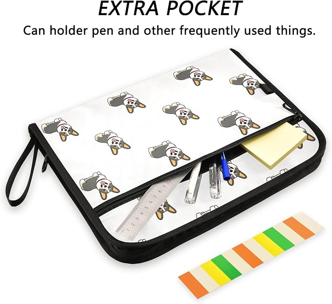 Corgi Tricolor Dog Cartoon File Folders,Plastic Folders with 13 Pockets,Expandable File Folder for Documents School Students Office,Aesthetic Folder with Labels A4 Letter Size