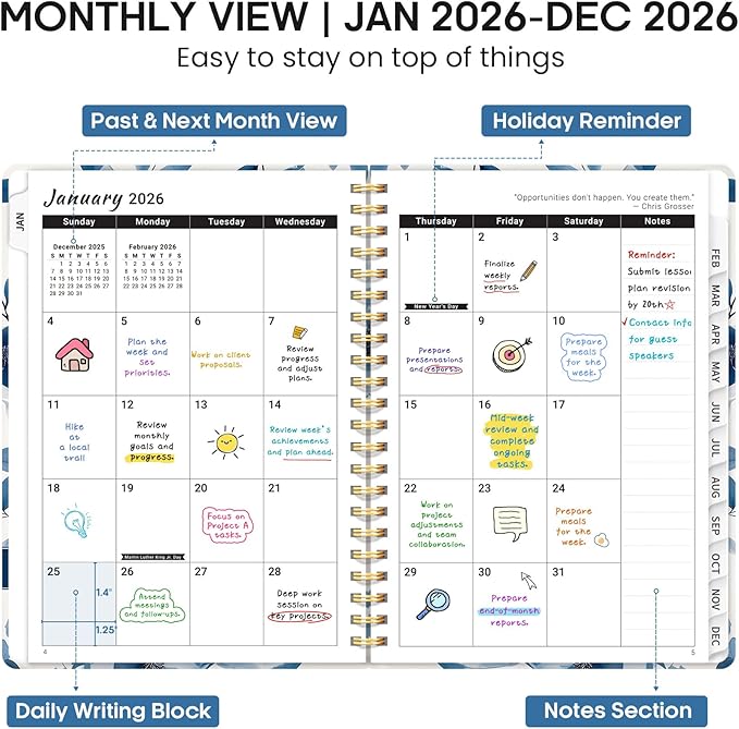 2026 Planner, Weekly and Monthly Calendar Planner Book, January 2026 - December 2026, Hardcover Spiral Planner with Monthly Tabs, Notes Pages, Perfect for Women & Men, A5 (6.4" x 8.5") - Blue Floral