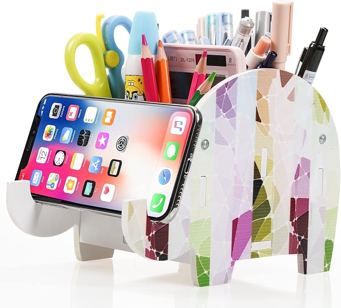 MOKANI Pen Pencil Holder for Desk Cute Elephant Gifts Desk Organizer Marker Makeup Brush Holders Workspace Organizers Office Decor Accessories with Phone Stand Christmas Gifts For Women Men Adults