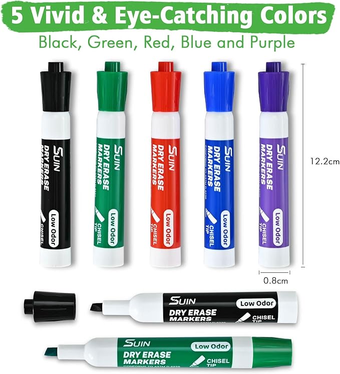 SUIN Dry Erase Markers, Chisel Tip Whiteboard Markers, Low Odor White Board Markers, Chisel Tip Marker, Whiteboard Marker, Assorted 5 Colors, 36 Count