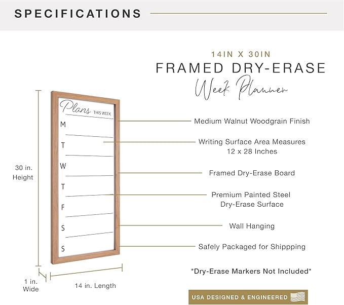 MCS Dry Erase Weekly Planner 14x30 Walnut Framed Calander Whiteboard for Wall, Plan Your Week with Family Weekly Planner for Dinners, Sports, Events & More