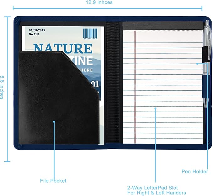 A5 Padfolio Business Portfolio Folder,Junior Size Document Folder Organizer, Padfolio with Interior Pocket and Pen Loop, 5 x 8 Writing Pad Included, Navy Blue.