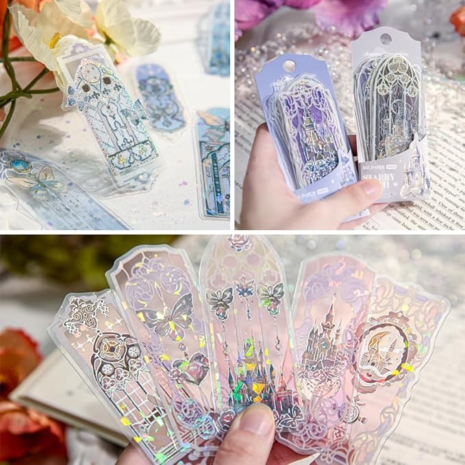 40Pcs Holographic Silver Foil Bookmarks, 4 Packs Fairytale Castle Window Glittery Transparent PVC Bookmark, Shimmery Small Book Mark for Book Lover Reader Writer Teacher Students