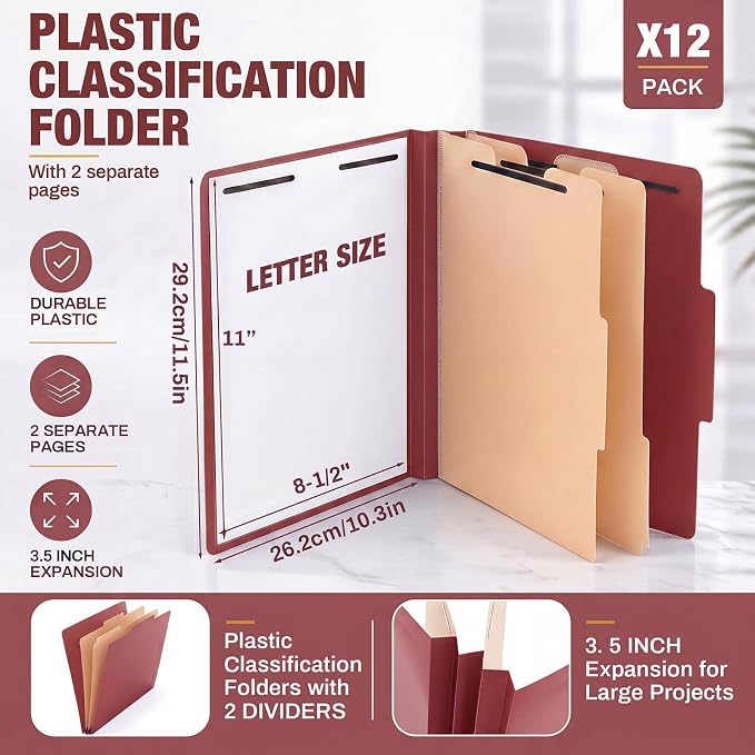 12 Pack Plastic Classification Folders with 2 Dividers & Fasteners, Heavy Duty 3.5” Expansion Letter Size File Folders for Law Client Files, Medical Records & Office Reports(Dark Red)