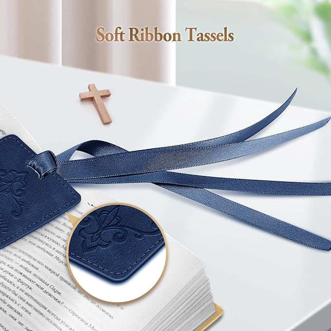 FINPAC Leather Bible Bookmarks, Vegan Religious Bookmarks, Bible Verse Book Markers Church Gifts for Women Men [Trust in The Lord with All Your Heart] - Turquoise + Navy
