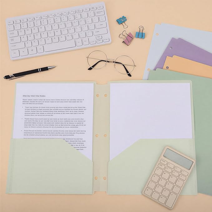 EOOUT 24pcs 3 Hole Punch Folders with 2 Pockets, Plastic File Folders for 3 Ring Binder, with Pocket and 2 Card Slots, Heavy Duty Poly Folders for School Office Supplies