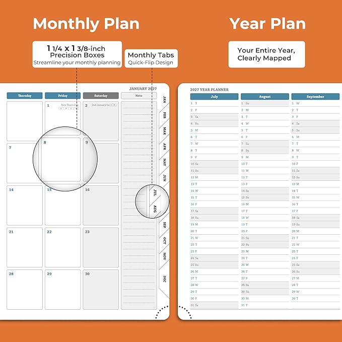 Weekly Monthly 2026-2027 Planner (July 26-Dec 27),8.5"x6.5",18 Months Agenda Plan with Month Tabs & Pocket,Expenses/Note Pages, Academic Calendar with Vegan Leather Cover,Orange