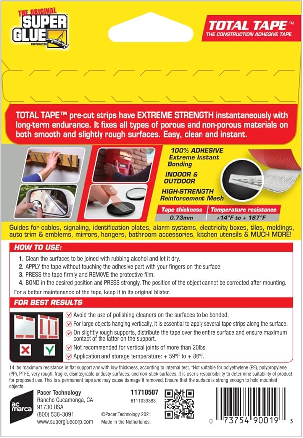 Super Glue, Total Tape Roll, Strong Indoor & Outdoor Construction Adhesive, Holds 300 lbs. per Roll, Permanent Bonding, All-Weather, Mesh Reinforced, Easy-to-Use Double-Sided Tape (Strip)