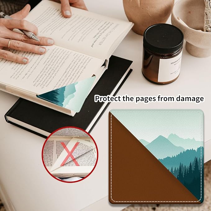 Cute Leather Bookmarks, Fun Triangle Making Corner Bookmark, Book Accessories for Reading Book Lovers, Unbreakable Page Markers for Women Men Beautiful Green Mountain
