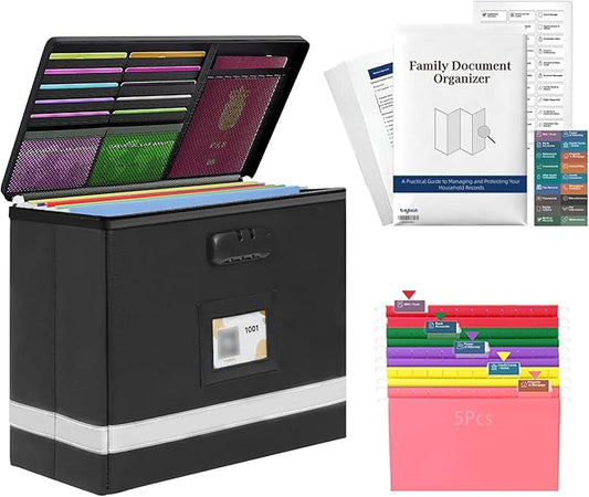 Deluxe Pro Small Next of Kin Box Organizer with 55-Page Family Document Guide, Fireproof Foldable File Organizer with Combination Lock, 5 Hanging Files and 128 Category Labels (13"L×6.3"W×8.3"H)