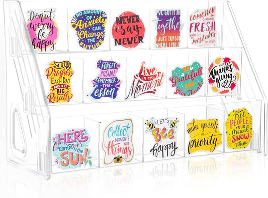 Acrylic Sticker Display Stand with Divided Pockets, Portable Bookmark Holder Tiered Display Stand, Clear Desk Organizer for Home, Retail or Craft Fair Use(15 Pockets, 3 Tier)