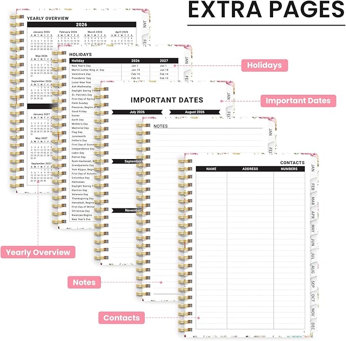 2026 Planner, Weekly and Monthly Calendar Planner for Women, Jan 2026 - Dec 2026, Hardcover Planning Agenda book with Tabs, Spiral Bound, Inner Pocket, Perfect for School Office Supplies, 8.5" x 11" - Wildflowers