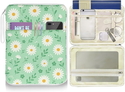 Book Sleeve Pouch Chrysanthemum Book Covers for Paperback with Zipper and Front Pocket, PU Leather Waterproof Book Sleeve for Book Lovers Librarian Teacher Gifts