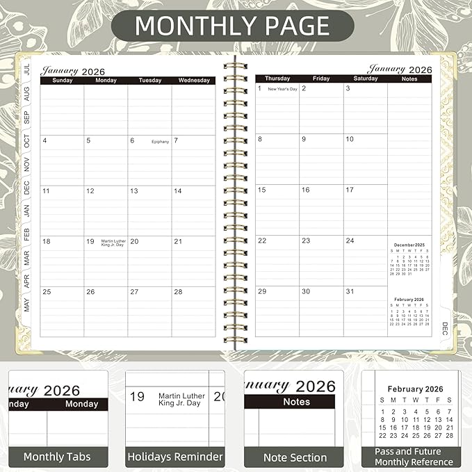 2026 Planner, Jan.2026 - Dec.2026 Planner Weekly and Monthly 6.25"x8.5" with Page Tabs, Calendar Hardcover with Inner Pocket, Elastic Band, Twin-Wire Binding, Bookmark, Gray Butterfly